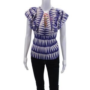 Bell Womens Cotton Silk Blend Triangle Print Beaded Detail Blouse Blue Size L
